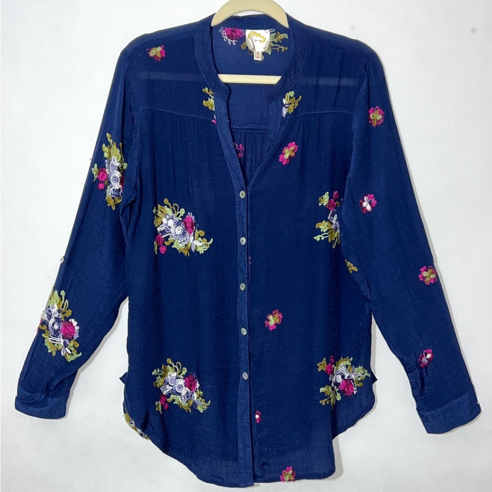 Fig and Flower Navy Blouse‎ Floral Embroidery Boho Large